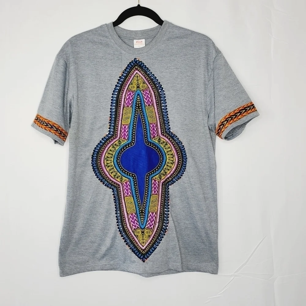Hoykawim Graphic Cotton Tee Size XL Gray Short Sleeve African Print Shirt - Picture 1 of 10